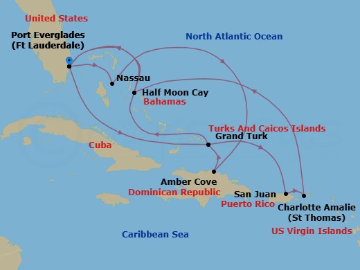 Route map: Fort Lauderdale, Florida, US → Grand Turk, Turks and Caicos → San Juan, Puerto Rico → St. Thomas, U.S.V.I. → RelaxAway Half Moon Cay, Bahamas → Fort Lauderdale, Florida, US → Nassau, Bahamas → Amber Cove, Dominican Republic → Grand Turk, Turks and Caicos → RelaxAway Half Moon Cay, Bahamas