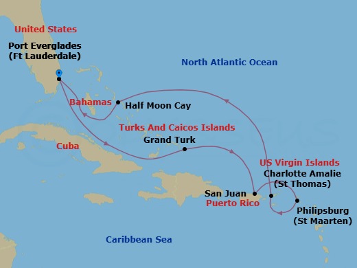 Route map: Fort Lauderdale, Florida, US → Grand Turk, Turks and Caicos → San Juan, Puerto Rico → Philipsburg, Sint Maarten → St. Thomas, U.S.V.I. → RelaxAway Half Moon Cay, Bahamas → Fort Lauderdale, Florida, US
