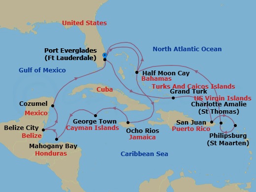 Route map: Fort Lauderdale, Florida, US → Grand Turk, Turks and Caicos → San Juan, Puerto Rico → Philipsburg, Sint Maarten → St. Thomas, U.S.V.I. → RelaxAway Half Moon Cay, Bahamas → Fort Lauderdale, Florida, US → RelaxAway Half Moon Cay, Bahamas → Ocho Rios, Jamaica → Georgetown, Cayman Islands