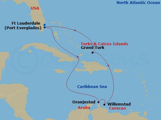 Route map: Fort Lauderdale, Florida → Grand Turk, Turks & Caicos → Willemstad, Curacao → Oranjestad, Aruba → Fort Lauderdale, Florida