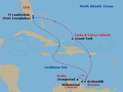 Route map: Fort Lauderdale, Florida → Grand Turk, Turks & Caicos → Willemstad, Curacao → Oranjestad, Aruba → Kralendijk, Bonaire → Fort Lauderdale, Florida