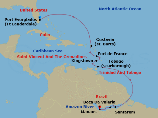 Route map: Fort Lauderdale → Gustavia, St. Barthelemy → Fort-de-France → Kingstown → Scarborough → Santarem → Boca Da Valeria → Manaus/Amazon