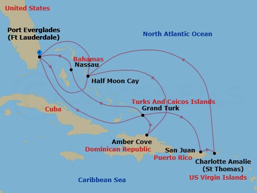 Route map: Fort Lauderdale, Florida, US → RelaxAway Half Moon Cay, Bahamas → Amber Cove, Dominican Republic → Grand Turk, Turks and Caicos → Nassau, Bahamas → Fort Lauderdale, Florida, US → Grand Turk, Turks and Caicos → San Juan, Puerto Rico → St. Thomas, U.S.V.I. → RelaxAway Half Moon Cay, Bahamas