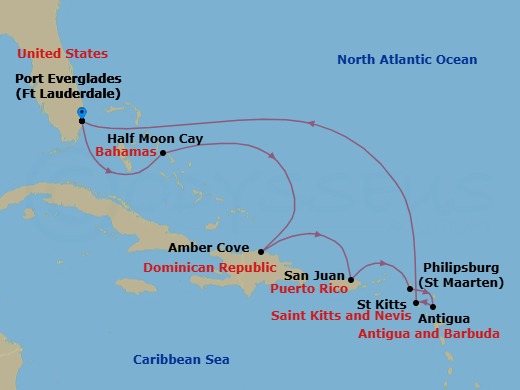 Route map: Ft Lauderdale (Port Everglades) → Half Moon Cay, The Bahamas → Amber Cove → San Juan → St Maarten (Philipsburg) → Antigua → St Kitts → Ft Lauderdale (Port Everglades)