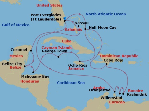 Route map: Fort Lauderdale, Florida, US → RelaxAway Half Moon Cay, Bahamas → Cabo Rojo, Dominican Republic → Kralendijk, Bonaire → Willemstad, Curacao → Oranjestad, Aruba → Fort Lauderdale, Florida, US → RelaxAway Half Moon Cay, Bahamas → Ocho Rios, Jamaica → Georgetown, Cayman Islands