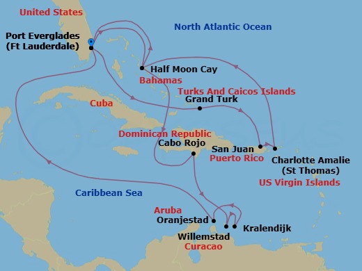 Route map: Fort Lauderdale, Florida, US → RelaxAway Half Moon Cay, Bahamas → Cabo Rojo, Dominican Republic → Willemstad, Curacao → Kralendijk, Bonaire → Oranjestad, Aruba → Fort Lauderdale, Florida, US → Grand Turk, Turks and Caicos → San Juan, Puerto Rico → St. Thomas, U.S.V.I.