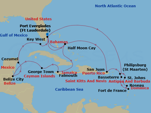 Route map: Fort Lauderdale, Florida, US → RelaxAway Half Moon Cay, Bahamas → Falmouth, Jamaica → Georgetown, Cayman Islands → Belize City, Belize → Cozumel, Mexico → Key West, Florida, US → Fort Lauderdale, Florida, US → Philipsburg, Sint Maarten → St. Johns, Antigua and Barbuda
