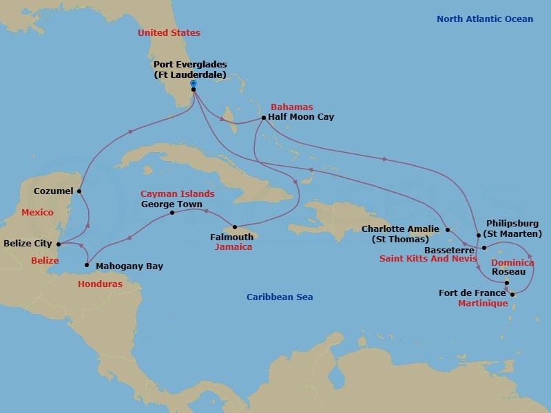 Route map: Fort Lauderdale, Florida, US → RelaxAway Half Moon Cay, Bahamas → Falmouth, Jamaica → Georgetown, Cayman Islands → Mahogany Bay, Roatan, Honduras → Belize City, Belize → Cozumel, Mexico → Fort Lauderdale, Florida, US → RelaxAway Half Moon Cay, Bahamas → Philipsburg, Sint Maarten