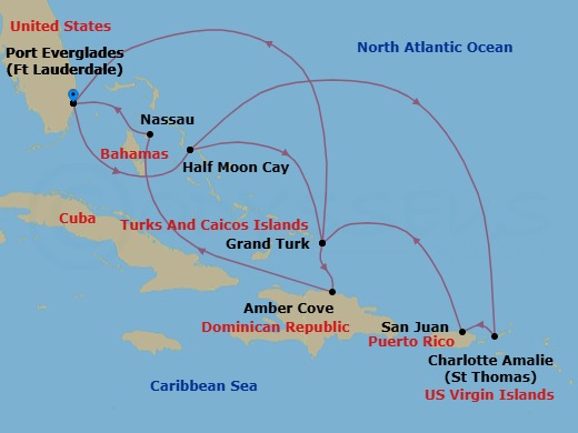 Route map: Fort Lauderdale, Florida, US → RelaxAway Half Moon Cay, Bahamas → Grand Turk, Turks and Caicos → Amber Cove, Dominican Republic → Nassau, Bahamas → Fort Lauderdale, Florida, US → RelaxAway Half Moon Cay, Bahamas → St. Thomas, U.S.V.I. → San Juan, Puerto Rico → Grand Turk, Turks and Caicos