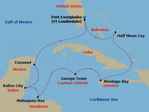 Route map: Fort Lauderdale, Florida, US → RelaxAway Half Moon Cay, Bahamas → Montego Bay, Jamaica → Georgetown, Cayman Islands → Mahogany Bay, Roatan, Honduras → Belize City, Belize → Cozumel, Mexico → Fort Lauderdale, Florida, US