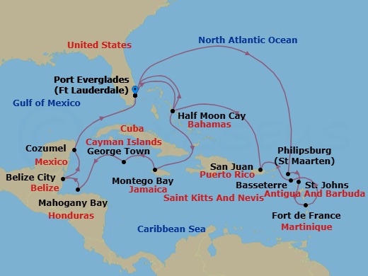 Route map: Fort Lauderdale, Florida, US → RelaxAway Half Moon Cay, Bahamas → Montego Bay, Jamaica → Georgetown, Cayman Islands → Mahogany Bay, Roatan, Honduras → Belize City, Belize → Cozumel, Mexico → Fort Lauderdale, Florida, US → Philipsburg, Sint Maarten → St. Johns, Antigua and Barbuda
