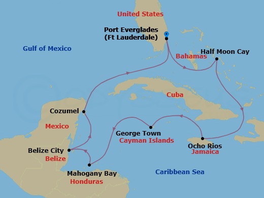 Route map: Fort Lauderdale, Florida, US → RelaxAway Half Moon Cay, Bahamas → Ocho Rios, Jamaica → Georgetown, Cayman Islands → Mahogany Bay, Roatan, Honduras → Belize City, Belize → Cozumel, Mexico → Fort Lauderdale, Florida, US