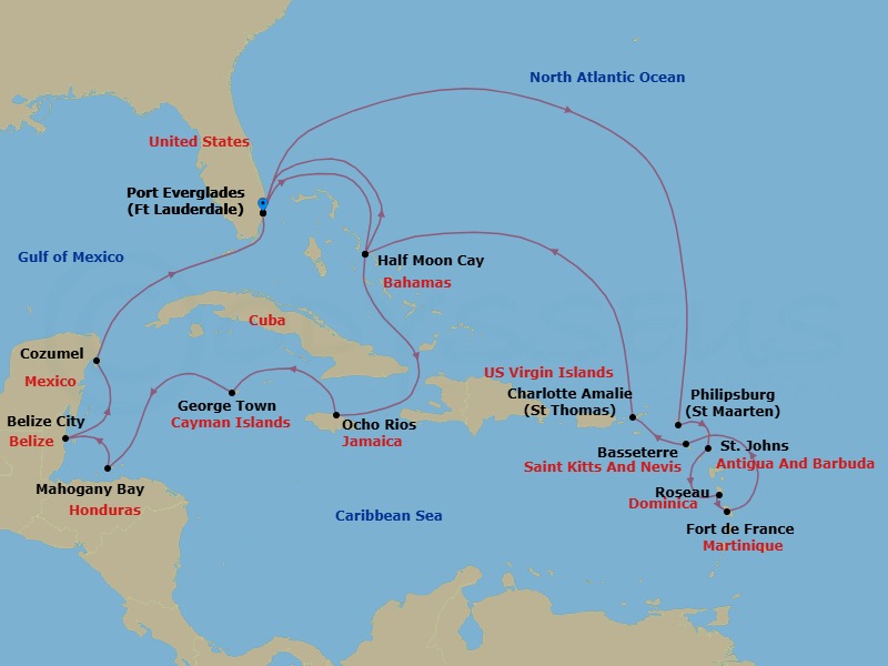 Route map: Fort Lauderdale, Florida, US → RelaxAway Half Moon Cay, Bahamas → Ocho Rios, Jamaica → Georgetown, Cayman Islands → Mahogany Bay, Roatan, Honduras → Belize City, Belize → Cozumel, Mexico → Fort Lauderdale, Florida, US → Philipsburg, Sint Maarten → St. Johns, Antigua and Barbuda