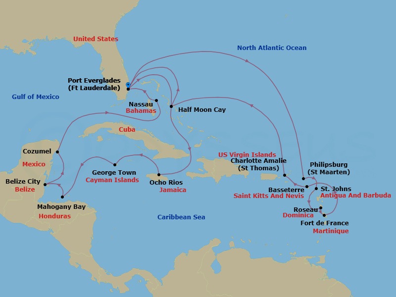 Route map: Fort Lauderdale, Florida, US → RelaxAway Half Moon Cay, Bahamas → Ocho Rios, Jamaica → Georgetown, Cayman Islands → Mahogany Bay, Roatan, Honduras → Belize City, Belize → Cozumel, Mexico → Nassau, Bahamas → Fort Lauderdale, Florida, US → Philipsburg, Sint Maarten