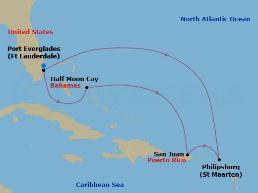 Route map: Ft Lauderdale (Port Everglades) → Half Moon Cay, The Bahamas → San Juan → St Maarten (Philipsburg) → Ft Lauderdale (Port Everglades)