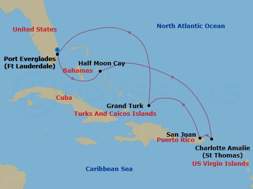 Route map: Fort Lauderdale, Florida, US → RelaxAway Half Moon Cay, Bahamas → St. Thomas, U.S.V.I. → San Juan, Puerto Rico → Grand Turk, Turks and Caicos → Fort Lauderdale, Florida, US