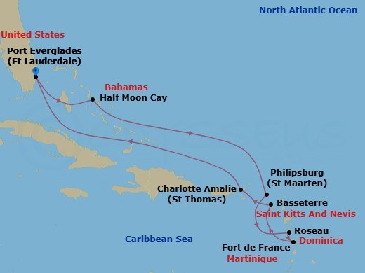 Route map: Fort Lauderdale, Florida, US → RelaxAway Half Moon Cay, Bahamas → Philipsburg, Sint Maarten → Roseau, Dominica → Fort-De-France, Martinique → Basseterre, St Kitts and Nevis → St. Thomas, U.S.V.I. → Fort Lauderdale, Florida, US