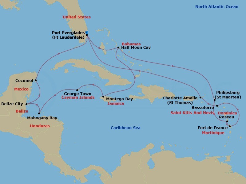 Route map: Fort Lauderdale, Florida, US → RelaxAway Half Moon Cay, Bahamas → Philipsburg, Sint Maarten → Roseau, Dominica → Fort-De-France, Martinique → Basseterre, St Kitts and Nevis → St. Thomas, U.S.V.I. → Fort Lauderdale, Florida, US → RelaxAway Half Moon Cay, Bahamas → Montego Bay, Jamaica