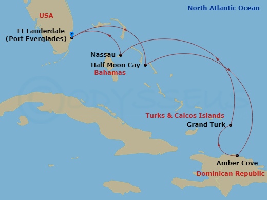 Route map: Fort Lauderdale, Florida, US → RelaxAway Half Moon Cay, Bahamas → Amber Cove, Dominican Republic → Grand Turk, Turks and Caicos → Nassau, Bahamas → Fort Lauderdale, Florida, US