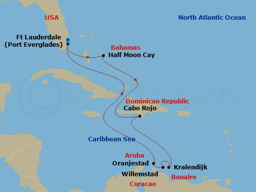 Route map: Fort Lauderdale, Florida, US → RelaxAway Half Moon Cay, Bahamas → Cabo Rojo, Dominican Republic → Kralendijk, Bonaire → Willemstad, Curacao → Oranjestad, Aruba → Fort Lauderdale, Florida, US
