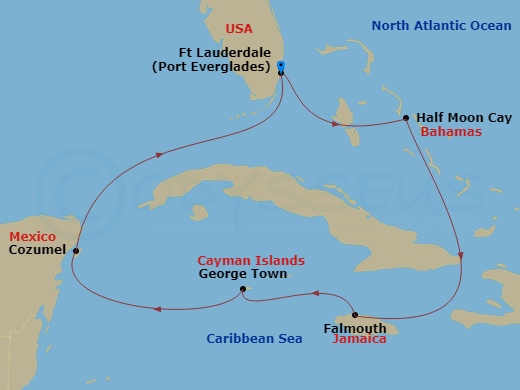 Route map: Ft Lauderdale (Port Everglades) → Half Moon Cay, The Bahamas → Falmouth → George Town → Cozumel → Ft Lauderdale (Port Everglades)