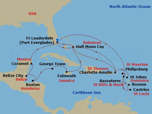 Route map: Fort Lauderdale, Florida, US → RelaxAway Half Moon Cay, Bahamas → Falmouth, Jamaica → Georgetown, Cayman Islands → Mahogany Bay, Roatan, Honduras → Belize City, Belize → Cozumel, Mexico → Fort Lauderdale, Florida, US → Philipsburg, Sint Maarten → Basseterre, St Kitts and Nevis