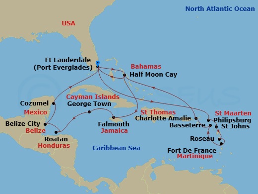 Route map: Fort Lauderdale, Florida, US → RelaxAway Half Moon Cay, Bahamas → Falmouth, Jamaica → Georgetown, Cayman Islands → Mahogany Bay, Roatan, Honduras → Belize City, Belize → Cozumel, Mexico → Fort Lauderdale, Florida, US → Philipsburg, Sint Maarten → St. Johns, Antigua and Barbuda