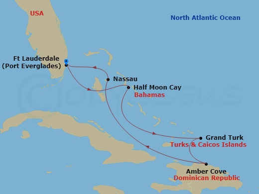 Route map: Fort Lauderdale, Florida, US → RelaxAway Half Moon Cay, Bahamas → Grand Turk, Turks and Caicos → Amber Cove, Dominican Republic → Nassau, Bahamas → Fort Lauderdale, Florida, US