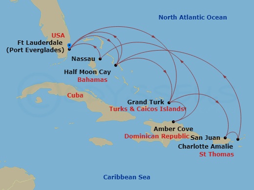 Route map: Fort Lauderdale, Florida, US → RelaxAway Half Moon Cay, Bahamas → Grand Turk, Turks and Caicos → Amber Cove, Dominican Republic → Nassau, Bahamas → Fort Lauderdale, Florida, US → Grand Turk, Turks and Caicos → San Juan, Puerto Rico → St. Thomas, U.S.V.I. → RelaxAway Half Moon Cay, Bahamas