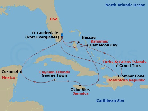 Route map: Fort Lauderdale, Florida, US → RelaxAway Half Moon Cay, Bahamas → Ocho Rios, Jamaica → Georgetown, Cayman Islands → Cozumel, Mexico → Fort Lauderdale, Florida, US → Nassau, Bahamas → RelaxAway Half Moon Cay, Bahamas → Grand Turk, Turks and Caicos → Amber Cove, Dominican Republic