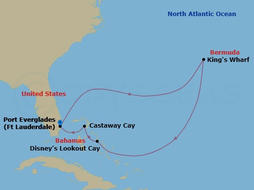 Route map: Ft Lauderdale (Port Everglades) → Lima (Callao) → Disney Lookout Cay → Castaway Cay → Ft Lauderdale (Port Everglades)