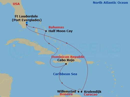 Route map: Fort Lauderdale, Florida, US → Kralendijk, Bonaire → Willemstad, Curacao → Cabo Rojo, Dominican Republic → RelaxAway Half Moon Cay, Bahamas → Fort Lauderdale, Florida, US