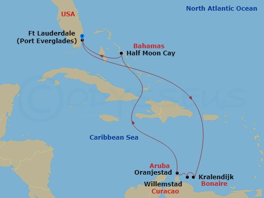 Route map: Fort Lauderdale, Florida, US → Kralendijk, Bonaire → Willemstad, Curacao → Oranjestad, Aruba → RelaxAway Half Moon Cay, Bahamas → Fort Lauderdale, Florida, US