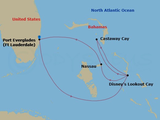 Route map: Port Everglades → Disney Lookout Cay → Castaway Cay → Disney Lookout Cay → Nassau → Port Everglades
