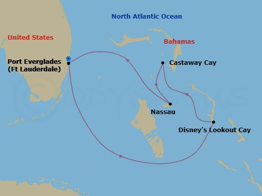 Route map: Port Everglades → Disney Lookout Cay → Castaway Cay → Nassau → Port Everglades