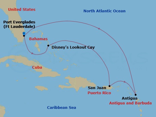 Route map: Port Everglades → Disney Lookout Cay → San Juan → Antigua → Port Everglades