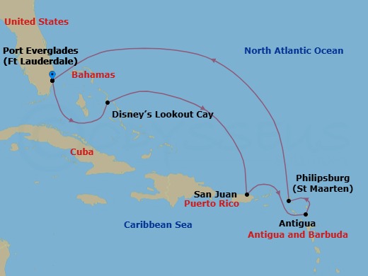 Route map: Port Everglades → Disney Lookout Cay → San Juan → Antigua → Philipsburg, St. Maarten → Port Everglades
