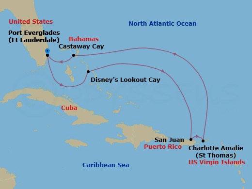 Route map: Port Everglades → Disney Lookout Cay → San Juan → St. Thomas,U.S. Virgin Is → Castaway Cay → Port Everglades