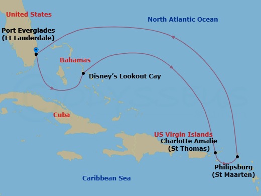Route map: Port Everglades → Disney Lookout Cay → St. Thomas,U.S. Virgin Is → Philipsburg, St. Maarten → Port Everglades