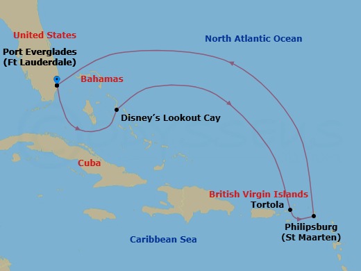 Route map: Port Everglades → Disney Lookout Cay → Tortola → Philipsburg, St. Maarten → Port Everglades