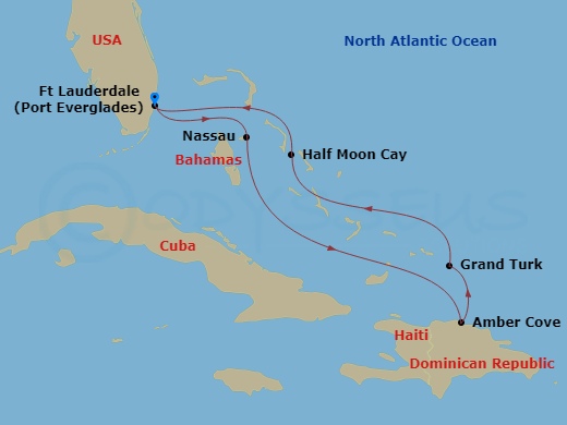 Route map: Fort Lauderdale, Florida, US → Nassau, Bahamas → Amber Cove, Dominican Republic → Grand Turk, Turks and Caicos → RelaxAway Half Moon Cay, Bahamas → Fort Lauderdale, Florida, US