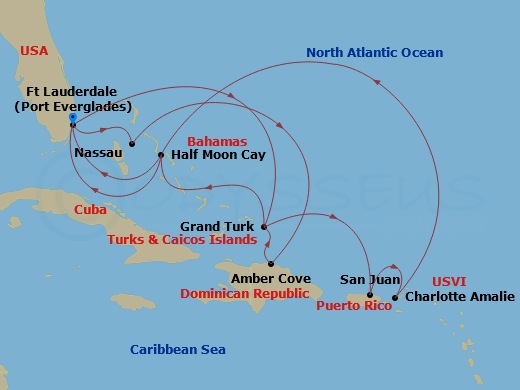 Route map: Fort Lauderdale, Florida, US → Nassau, Bahamas → Amber Cove, Dominican Republic → Grand Turk, Turks and Caicos → RelaxAway Half Moon Cay, Bahamas → Fort Lauderdale, Florida, US → Grand Turk, Turks and Caicos → San Juan, Puerto Rico → St. Thomas, U.S.V.I. → RelaxAway Half Moon Cay, Bahamas
