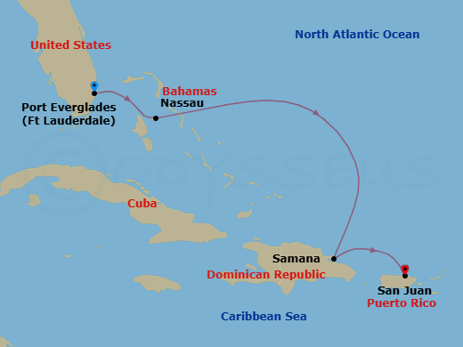 Route map: Fort Lauderdale → Nassau (Paradise Island) → Samana → San Juan