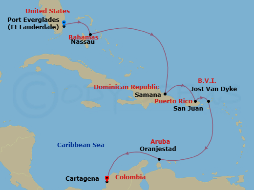 Route map: Fort Lauderdale → Nassau (Paradise Island) → Samana → San Juan → Jost Van Dyke (British Virgin Islands) → Oranjestad, Aruba → Cartagena