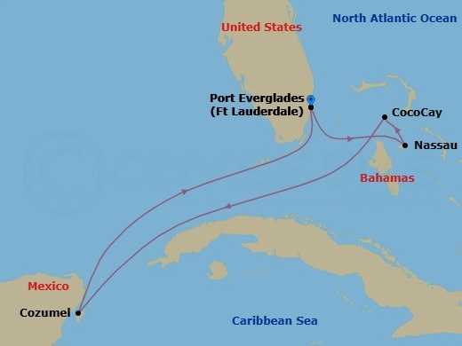 Route map: Fort Lauderdale, Florida → Nassau, Bahamas → Perfect Day Cococay, Bahamas → Cozumel, Mexico → Fort Lauderdale, Florida