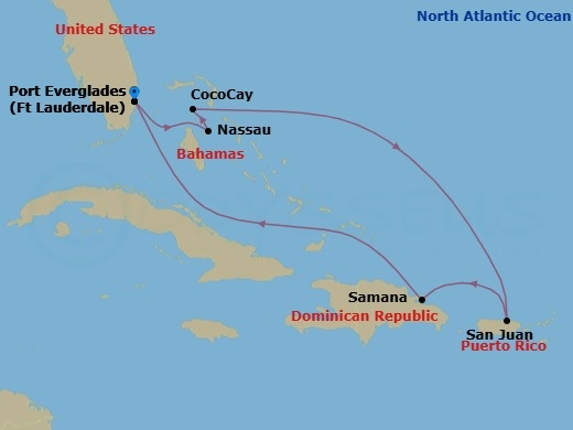 Route map: Fort Lauderdale, Florida → Nassau, Bahamas → Perfect Day Cococay, Bahamas → San Juan, Puerto Rico → Samana, Dominican Republic → Fort Lauderdale, Florida