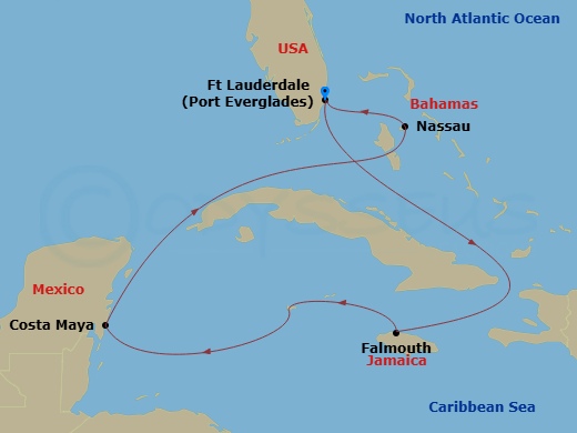 Route map: Fort Lauderdale, Florida → Nassau, Bahamas → Falmouth, Jamaica → Puerto Costa Maya, Mexico → Fort Lauderdale, Florida