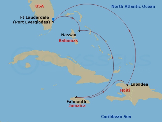 Route map: Fort Lauderdale, Florida → Nassau, Bahamas → Falmouth, Jamaica → Labadee, Haiti → Fort Lauderdale, Florida