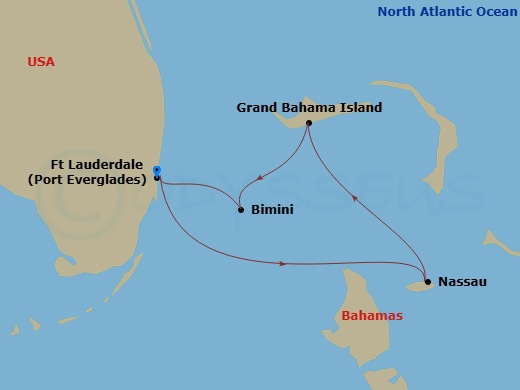 Route map: Fort Lauderdale, Florida → Nassau, Bahamas → Grand Bahama Isl, Bahamas → Bimini, Bahamas → Fort Lauderdale, Florida