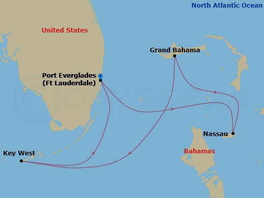 Route map: Fort Lauderdale, Florida → Nassau, Bahamas → Grand Bahama Isl, Bahamas → Key West, Florida → Fort Lauderdale, Florida